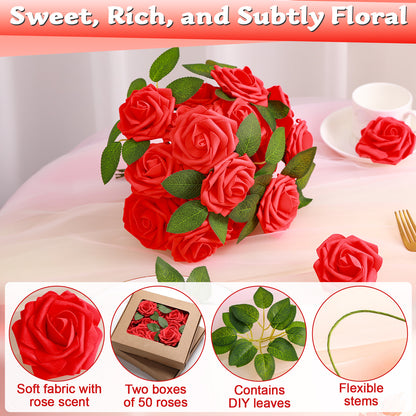 50 rosas artificiales perfumadas, flores falsas de espuma realistas con tallos para hacer tú mismo el día de San Valentín, ramos de boda, centros de mesa, decoraciones para fiestas de despedida de soltera y decoración de la cocina del hogar (rojo) 