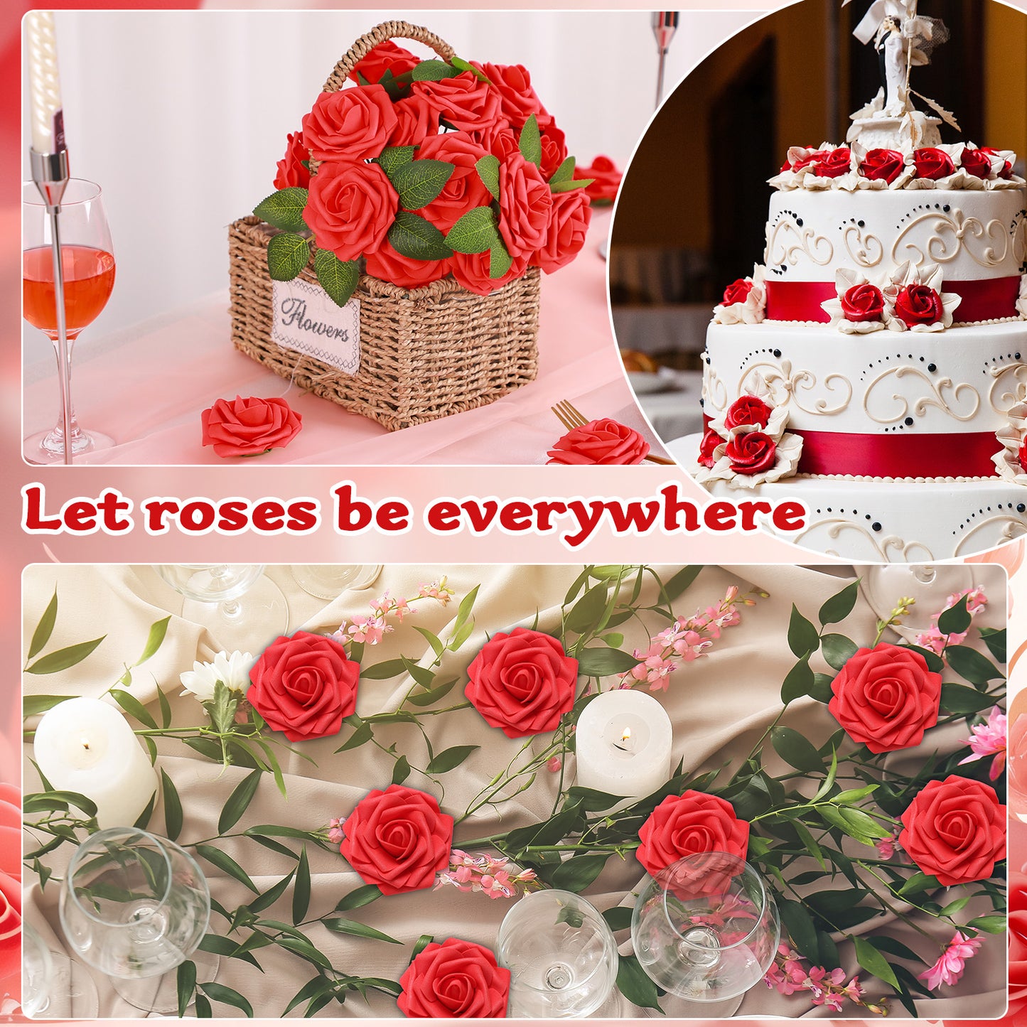 50 rosas artificiales perfumadas, flores falsas de espuma realistas con tallos para hacer tú mismo el día de San Valentín, ramos de boda, centros de mesa, decoraciones para fiestas de despedida de soltera y decoración de la cocina del hogar (rojo) 