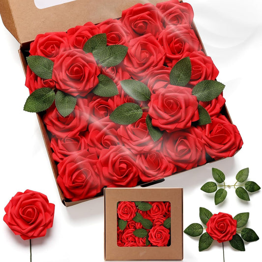 50 rosas artificiales perfumadas, flores falsas de espuma realistas con tallos para hacer tú mismo el día de San Valentín, ramos de boda, centros de mesa, decoraciones para fiestas de despedida de soltera y decoración de la cocina del hogar (rojo) 